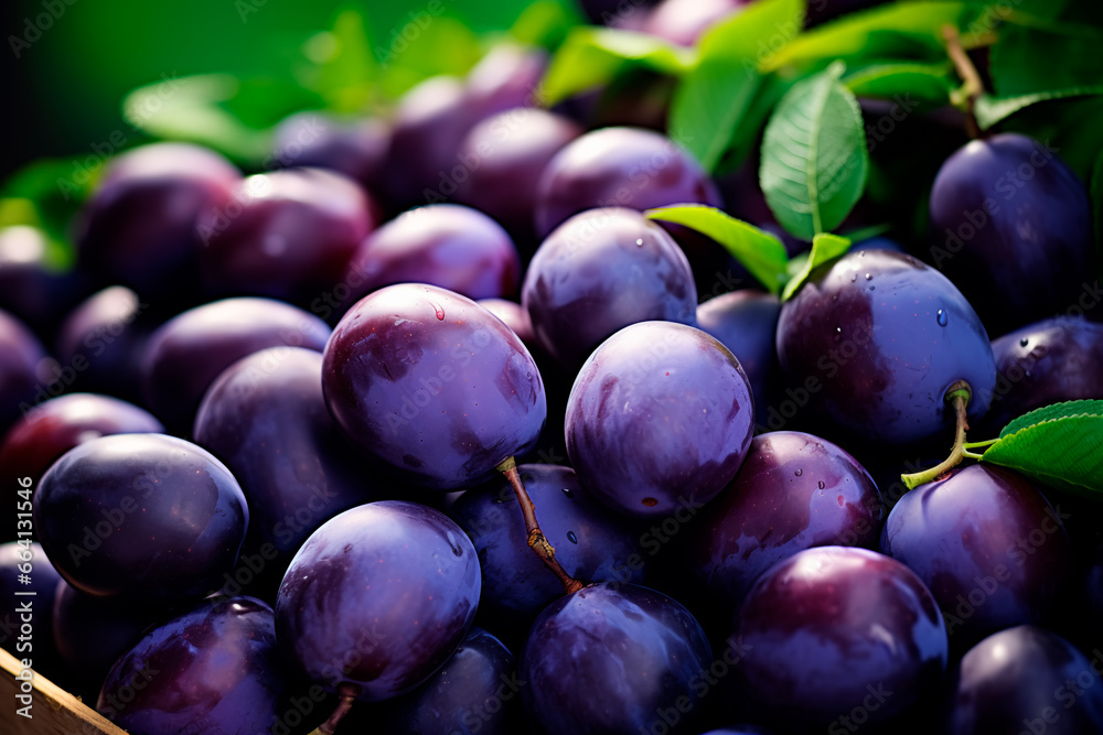 Fototapeta premium A good harvest of plums. Cultivation of plums. Farm and field. Harvested agricultural crops.