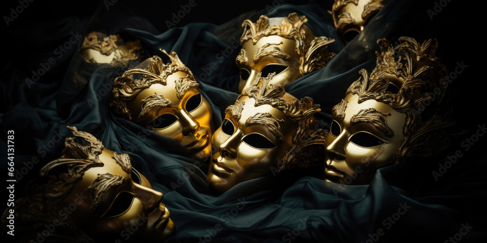 golden carnival masks on black background golden carnival masks on black background