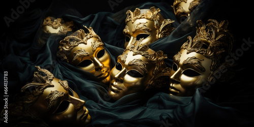 golden carnival masks on black background photo
