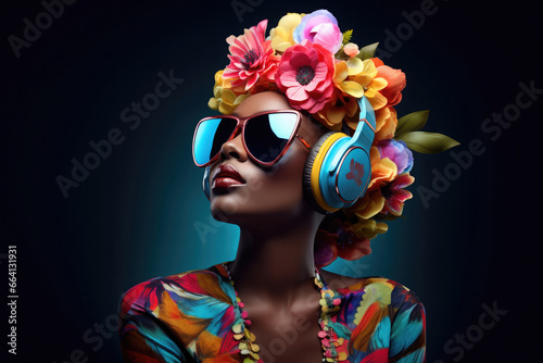 black hippie woman with headphones and sunglasses wearing a colorful flower head band photo