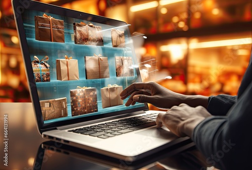 A person using a laptop computer with a festive holiday theme on the screen