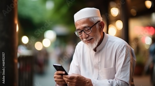 Muslim senior man using mobile phone.