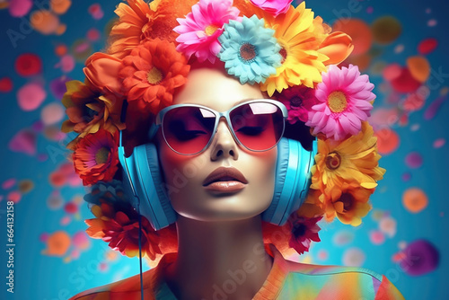 hippie woman with headphones and sunglasses wearing a colorful flower head band