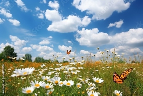 Daisies in meadow under blue sky with white clouds, orange butterfly. Wide format, idyllic landscape. Generative AI