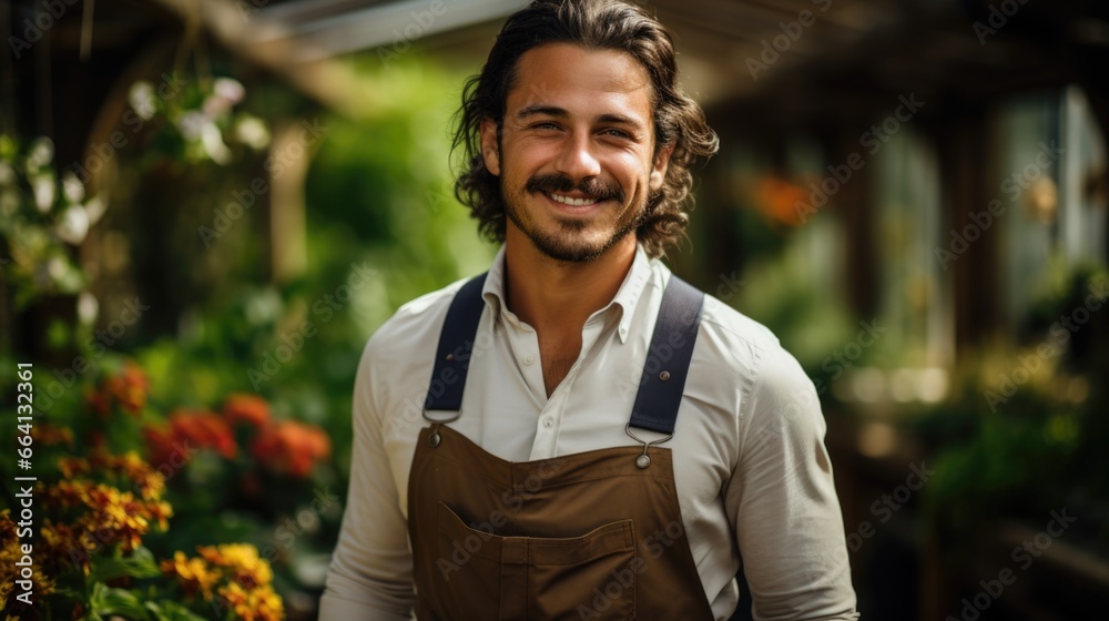 A man with long hair wearing an apron. Female gardener at work. A man with long hair wearing an apron. Female gardener at work.