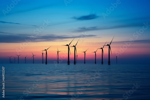 Offshore wind turbines at dusk  harnessing sustainable power. Generative AI