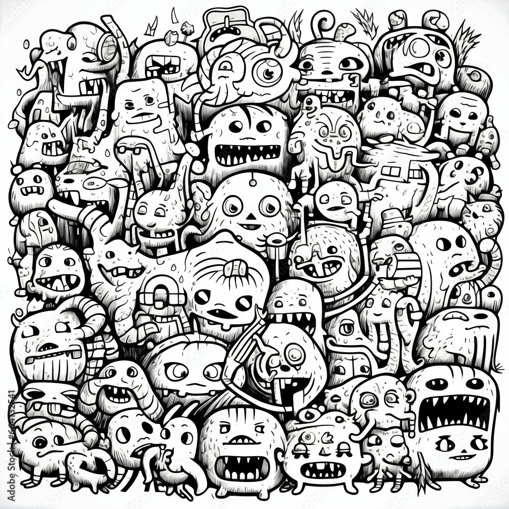 Black and white monsters doodle art Black and white monsters doodle art