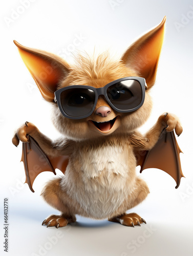 A Cool 3D Cartoon Bat Wearing Sunglasses on a Solid Background