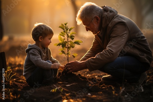An older man and a young boy are planting a tree.