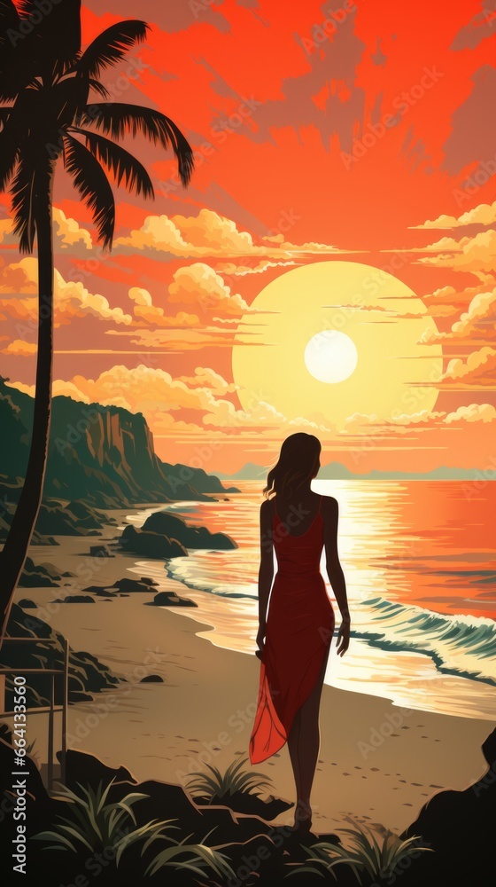 A woman in a red dress walking on a beach. Art deco imaginary poster.