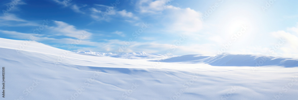 Naklejka premium winter snow landscape against blue sky - extra wide use for backgrounds with copy space