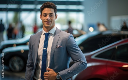 Young attractive charismatic man standing confidently amidst the backdrop of sleek vehicles at an auto show © piai