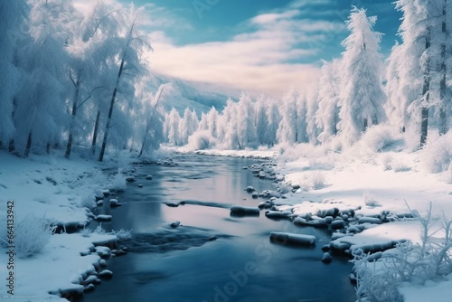 a glowing blue river flowing through a magical snowy landscape. Generative AI
