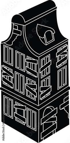 Cartoon Black and White Isolated Illustration Vector Of An Abandoned Broken Down House Building with Wood Over the Windows
