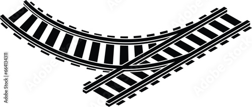 Cartoon Black and White Isolated Illustration Vector Of A Section of Railway Train Track With Switch Piece