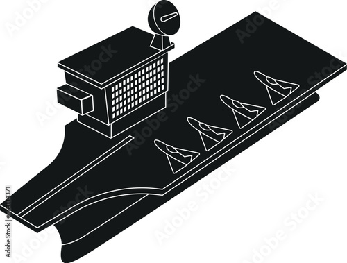 Cartoon Black and White Isolated Illustration Vector Of A Navy Aircraft Carrier Boat Ship with Fighter Jets on Deck