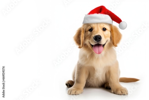 golden retriever puppy wearing santa hat
