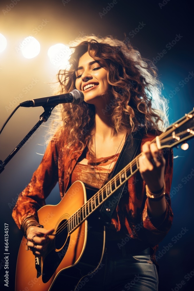 Musician woman singing on stage with a guitar in a band