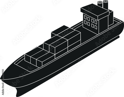 Cartoon Black and White Illustration Vector Of A Cargo Ship With Shipping Containers On