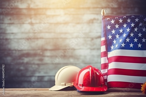 American Labor Day background concept featuring American flag and safety helmet.