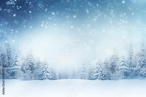winter and christmas snowy background with snowdrifts and snow-covered blur forest. cold winter time, generative ai © Nia™