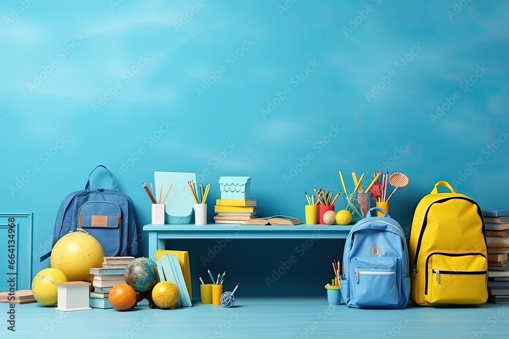 back to school concept Background consists of school bags and school supplies, boards and free space. - obrazy, fototapety, plakaty 