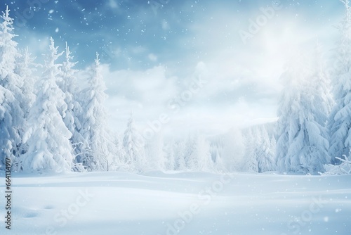 winter and christmas snowy background with snowdrifts and snow-covered blur forest. cold winter time  generative ai