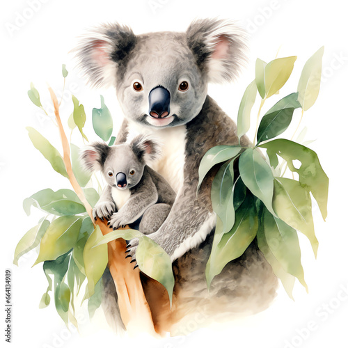 Watercolor illustration of koala mother and cub on white background