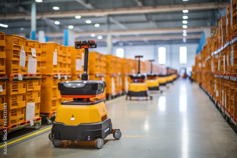 Smart warehouse with collaborative industrial robots. Generative AI - obrazy, fototapety, plakaty 
