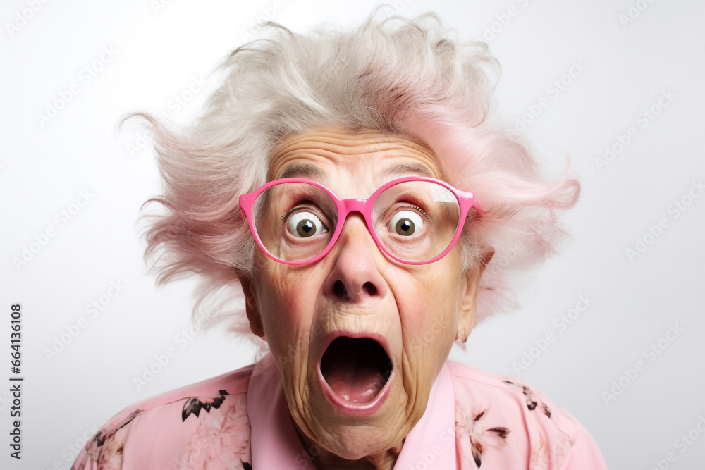 Older woman with a surprised crazy look on her face. With glasses, funny image, white background, isolated Older woman with a surprised crazy look on her face. With glasses, funny image, white background, isolated
