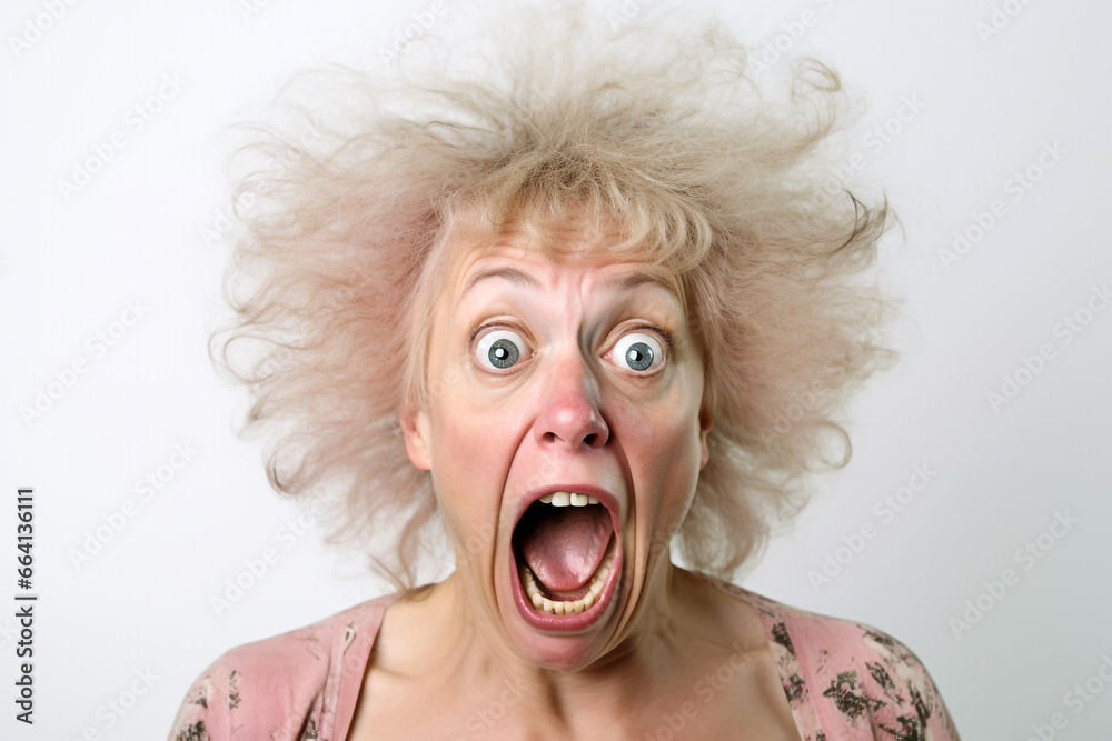 Older woman with a surprised crazy look on her face. With glasses, funny image, white background, isolated Older woman with a surprised crazy look on her face. With glasses, funny image, white background, isolated