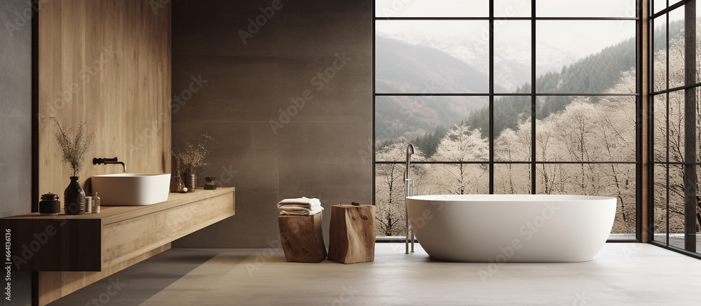 Minimalist Interior Architecture: Bathroom with Bathtub and Tree-Lined Glass Window Panorama