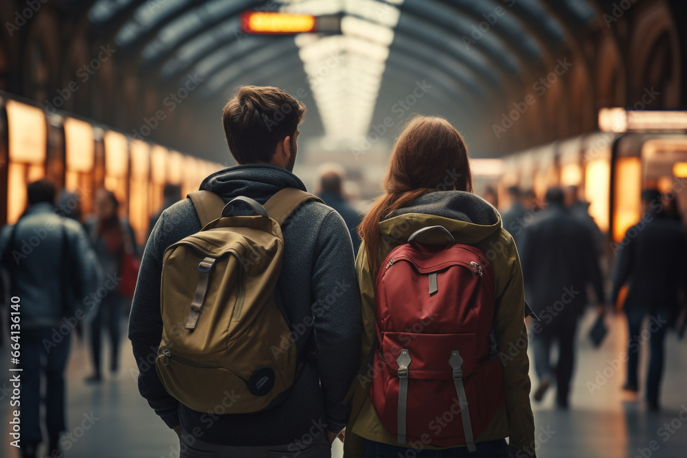 Adventurous Journey: Young Couple with Backpacks in a Bustling Train Station Adventurous Journey: Young Couple with Backpacks in a Bustling Train Station