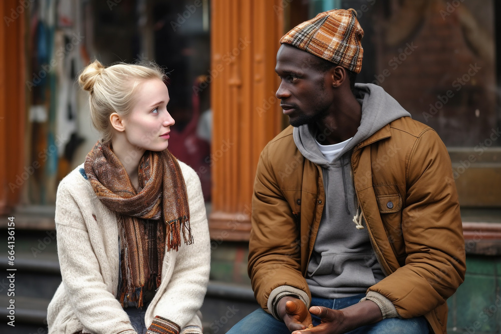 Interracial Conversation: Caucasian Woman Talking with Black Immigrant on the Street