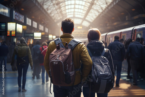 Young Travelers: Backpack-Carrying Couple at a Crowded Train Station
