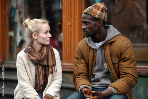 Interracial Conversation: Caucasian Woman Talking with Black Immigrant on the Street