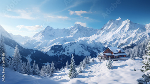 Winter Wonderland: Snowy Mountain Landscape with Wooden Alpine House and Frosty Fir Trees