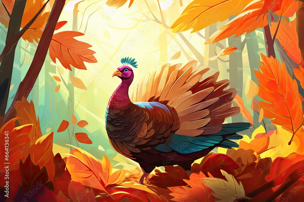 happy thanksgiving background with leaves and a turkey Generative AI