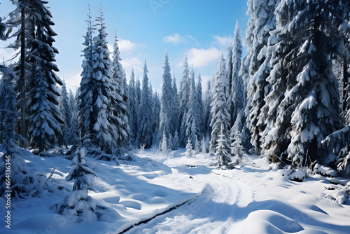 Sparkling Winter Wonderland, Majestic Snow-covered Trees in a Breathtaking Landscape