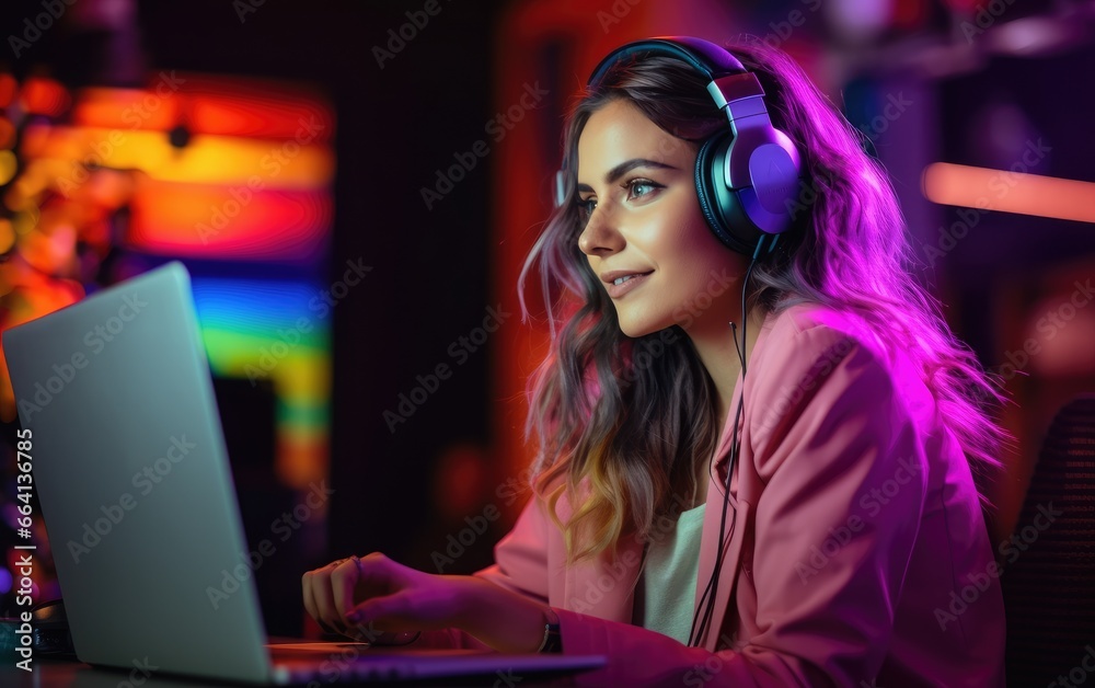 Beautiful young woman podcaster making audio podcast from her studio Beautiful young woman podcaster making audio podcast from her studio