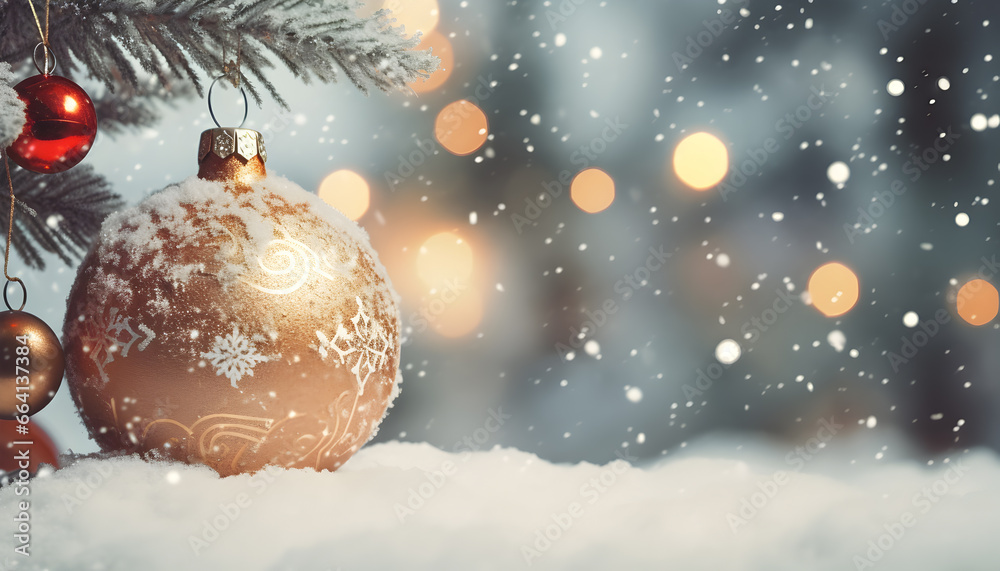Gold and red Christmas balls with fir branches on snow. Defocused lights in the background. Generative AI.