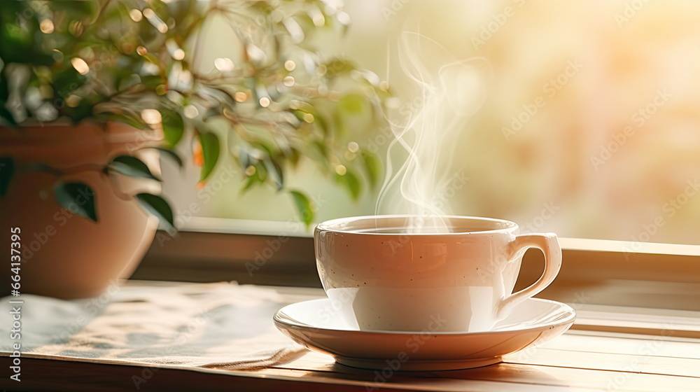 Beautiful Morning Scene with Coffee or Tea Cup, Good Book, and Flowers in Soft Morning Sunlight - Cozy Reading and Relaxation, Perfect for a Fresh Start to the Day