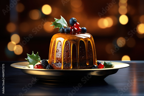Delightful Festive Dessert: Christmas Pudding with Berries and Sauce