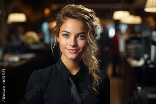 A woman in a black shirt and tie posing for a picture. AI image. Hotel receptionist.