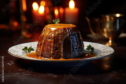 Delightful Festive Dessert: Christmas Pudding with Berries and Sauce