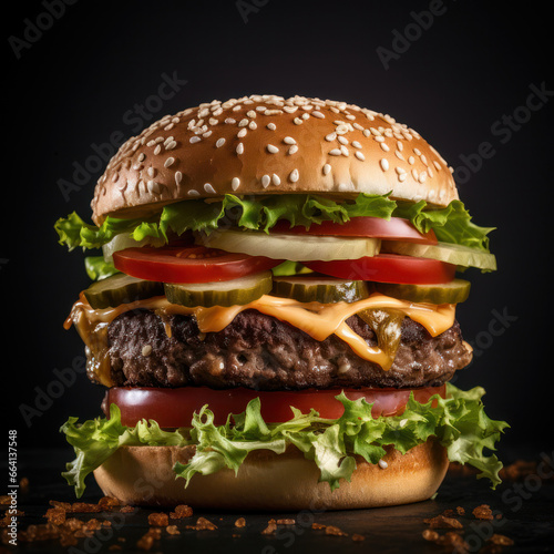 Burger Studio Shot on Black Background, Food Photography, Generative AI