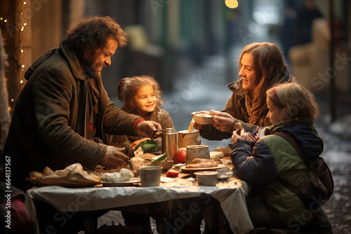 Winter Solidarity  Homeless Man Sharing a Meal with a Woman and Two Girls on the Cold Street