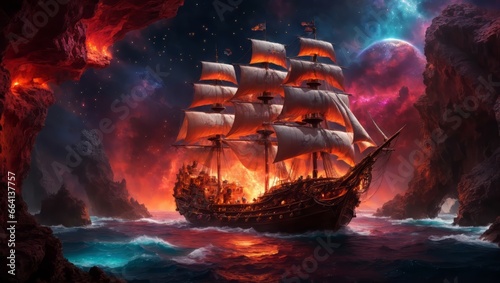 Pirate ship burning, concept of sea combat and pirates