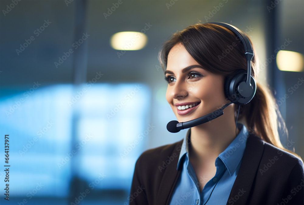 Operator woman agent with headsets on working in a call centre. Operator woman agent with headsets on working in a call centre.