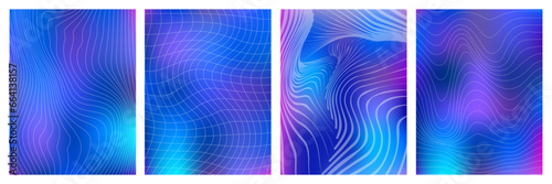 Trendy colorful mesh background set. Y2k retro futuristic wireframe grid. 
Purple and blue smooth color vector banner.